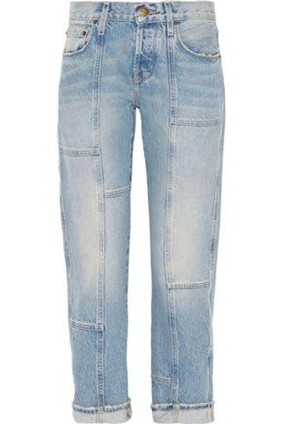 Shop Current Elliott Woman The Patchwork Crossover Mid-rise Straight-leg Jeans Light Denim