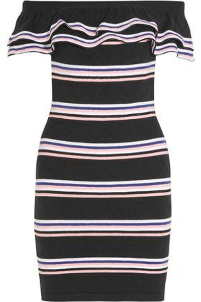 Shop Msgm Woman Off-the-shoulder Striped Stretch Cotton-blend Mini Dress Black