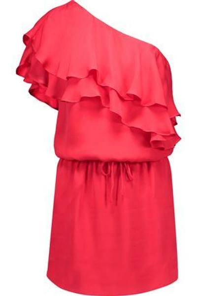 Shop Haute Hippie Woman One-shoulder Ruffled Silk Mini Dress Papaya