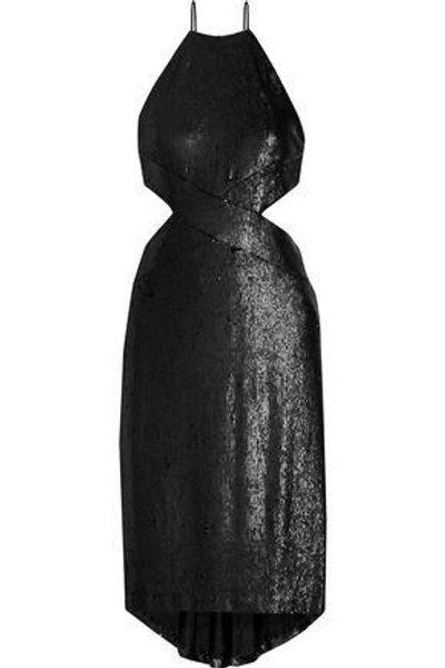 Shop Halston Heritage Woman Cutout Sequined Crepe Dress Black