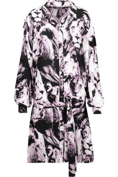Shop Roberto Cavalli Woman Belted Printed Silk Mini Dress Fuchsia