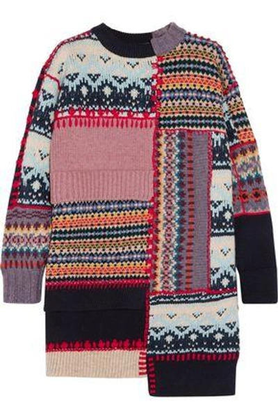 Shop Alexander Mcqueen Patchwork Chunky-knit Wool-blend Dress In Navy