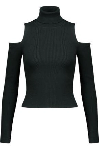 Shop A.l.c . Woman Mervyn Cold-shoulder Ribbed-knit Turtleneck Sweater Dark Green