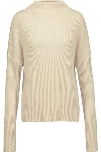 Shop Dion Lee Woman Open-back Ribbed-knit Cotton-blend Turtleneck Sweater Ecru