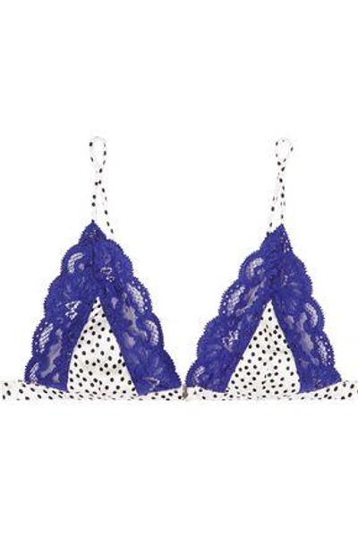 Shop Fleur Du Mal Woman Lace-trimmed Printed Silk-blend Satin Soft-cup Triangle Bra Royal Blue