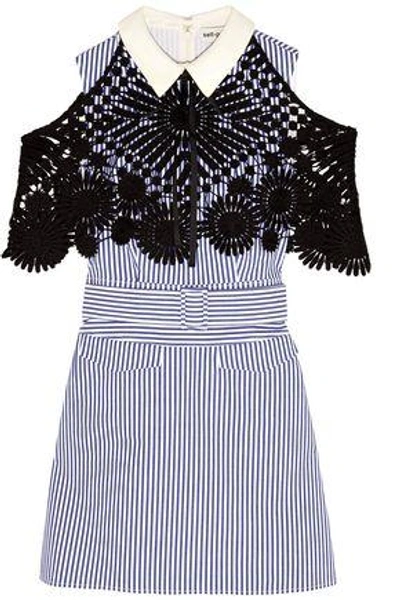 Shop See By Chloé Guipure Lace-paneled Striped Cotton-poplin Mini Dress In Blue