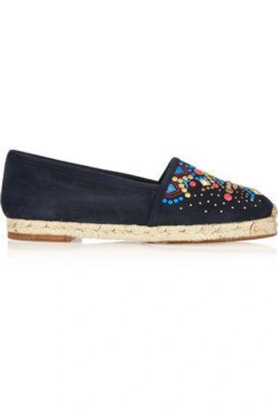 Shop Giuseppe Zanotti Woman Embellished Suede Espadrilles Navy