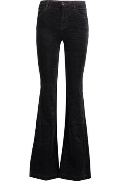 Shop J Brand Maria Mid-rise Cotton-blend Velvet Flared Pants In Black