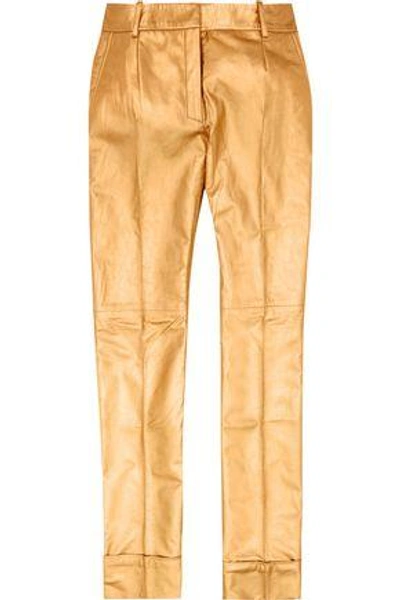 Shop Ronald Van Der Kemp Woman Metallic Leather Flared Pants Gold