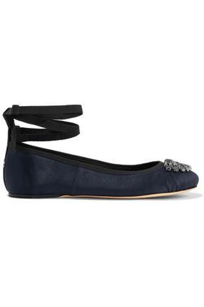 Shop Jimmy Choo Woman Grace Crystal-embellished Satin Ballet Flats Navy