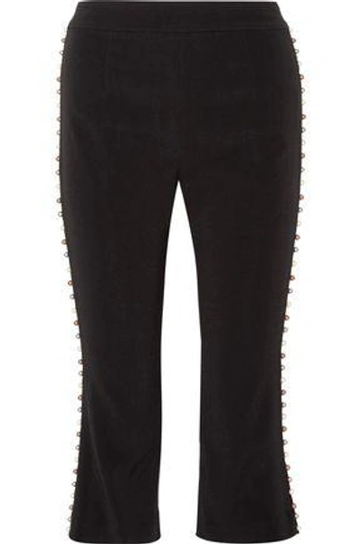 Shop Jonathan Simkhai Woman Cropped Faux Pearl-embellished Stretch-crepe Straight-leg Pants Black