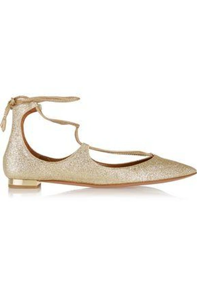 Shop Aquazzura Woman Christy Glittered Leather Point-toe Flats Gold