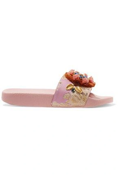 Shop Dolce & Gabbana Embellished Jacquard Slides In Baby Pink
