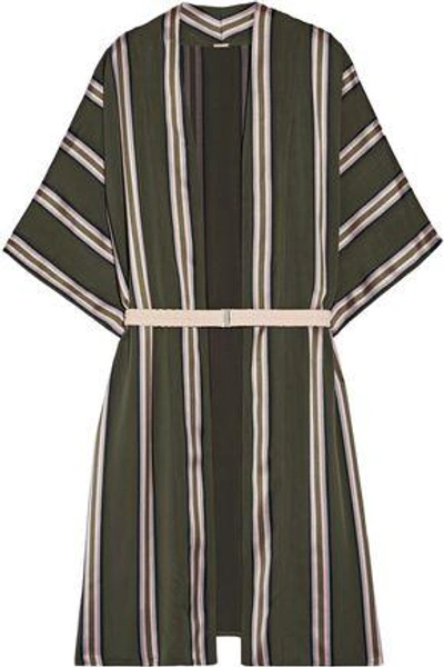 Shop Adam Lippes Woman Belted Striped Satin-trimmed Twill Jacket Army Green