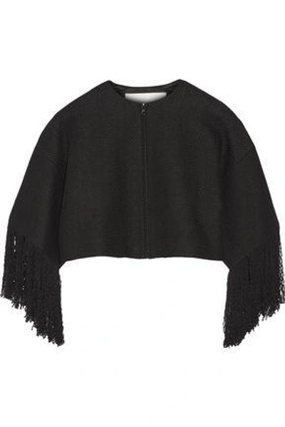 Shop Adam Lippes Woman Cropped Fringed Linen And Cotton-blend Tweed Jacket Black