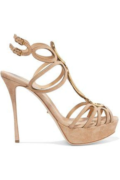 Shop Sergio Rossi Woman Cutout Embellished Suede Platform Sandals Sand