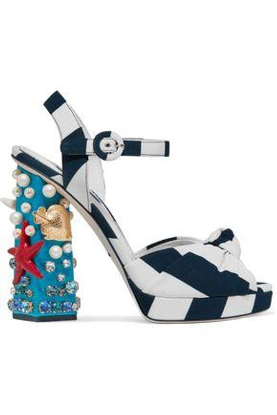 Shop Dolce & Gabbana Woman Embellished Striped Canvas Sandals Navy