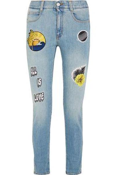 Shop Stella Mccartney Woman All Is Love Embroidered Mid-rise Skinny Jeans Light Denim