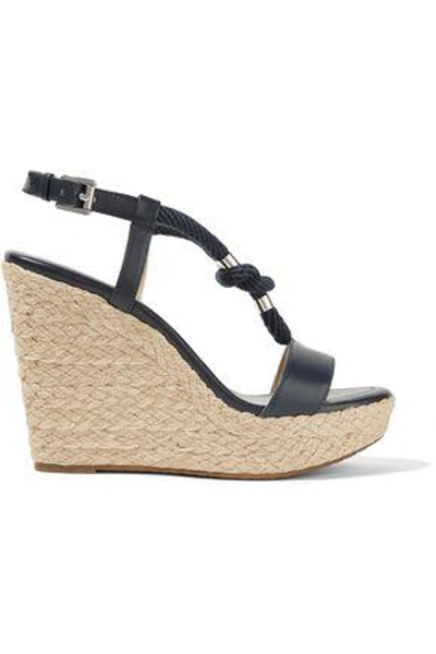 Shop Michael Michael Kors Holly Rope-trimmed Leather Wedge Sandals In Storm Blue