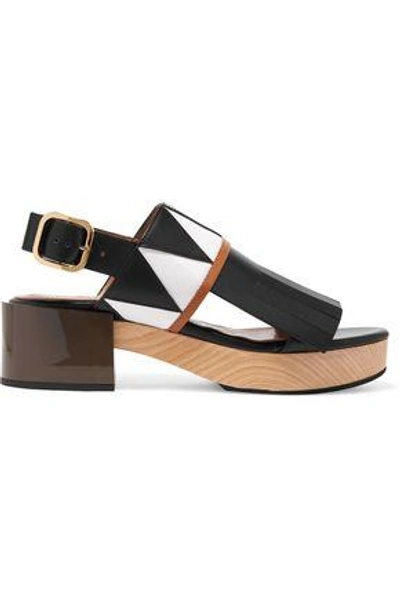 Shop Marni Woman Fringed Smooth And Patent-leather Slingback Sandals Black