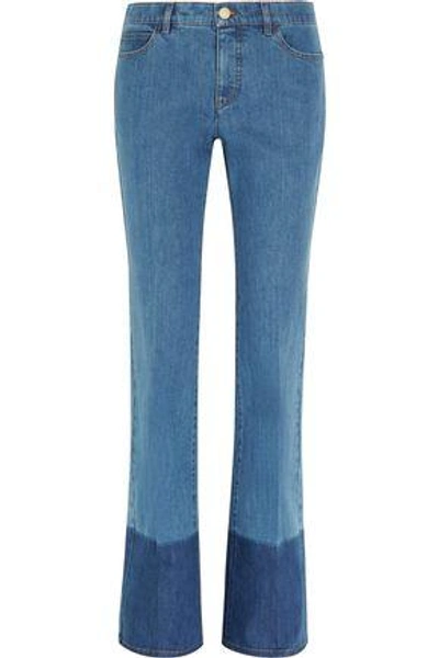 Shop Valentino Woman Two-tone Mid-rise Flared Jeans Mid Denim