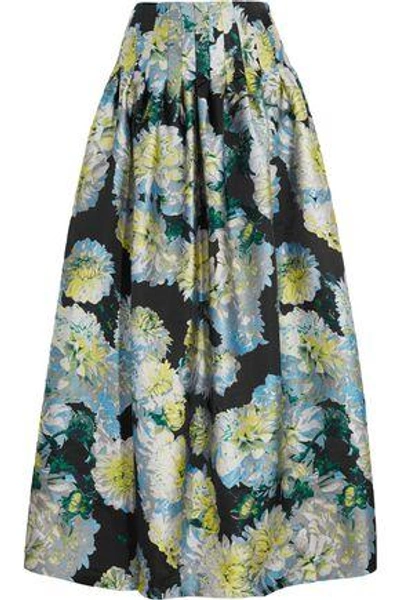 Shop Adam Lippes Woman Pleated Floral-jacquard Maxi Skirt Blue
