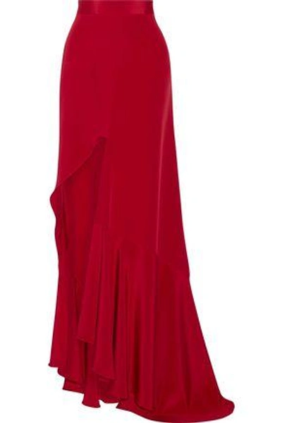 Shop Juan Carlos Obando Woman Mariposa Asymmetric Silk-satin Maxi Skirt Red