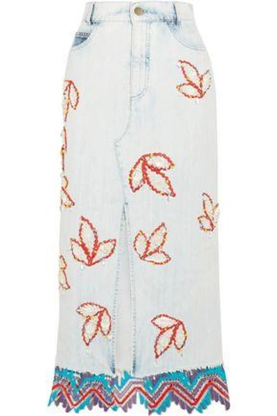 Shop Peter Pilotto Lace-trimmed Embellished Denim Midi Skirt In Light Denim