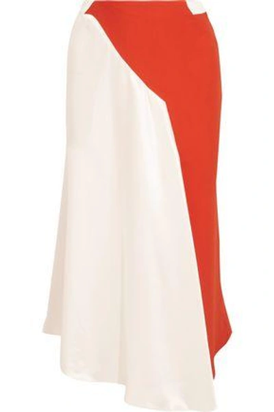 Shop Mugler Woman Asymmetric Two-tone Crepe And Satin Midi Skirt Off-white