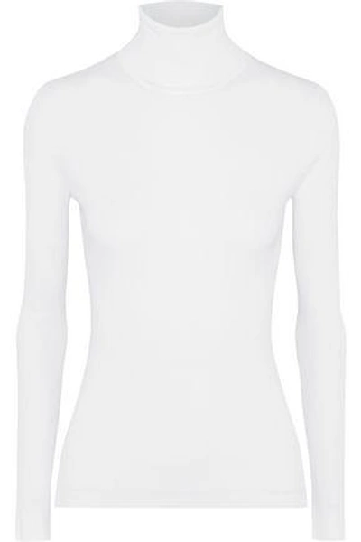 Shop Michael Kors Woman Ribbed Stretch-knit Turtleneck Sweater White