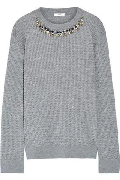 Shop Erdem Woman Lana Crystal-embellished Cable-knit Stretch Wool-blend Sweater Gray