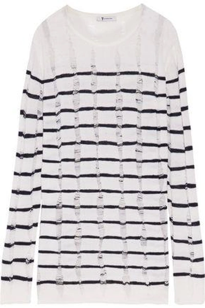 Shop Alexander Wang T Woman Open Knit-trimmed Striped Merino Wool Sweater White