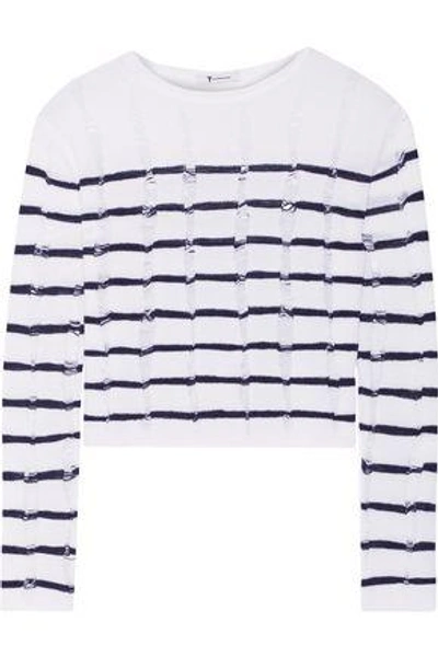 Shop Alexander Wang T Woman Cropped Striped Open-knit Merino Wool Sweater Navy