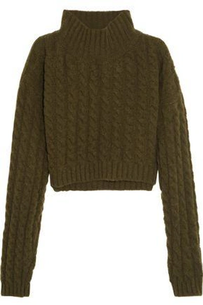 Shop Vivienne Westwood Anglomania Woman Mud Cropped Twill-paneled Cable-knit Wool-blend Sweater Green
