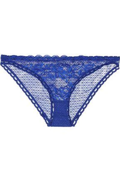 Shop Stella Mccartney Suzie Doting Low-rise Leavers Lace-trimmed Stretch-mesh Briefs In Royal Blue