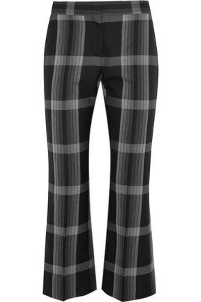 Shop Alexander Mcqueen Cropped Checked Silk And Wool-blend Flared Pants In Black