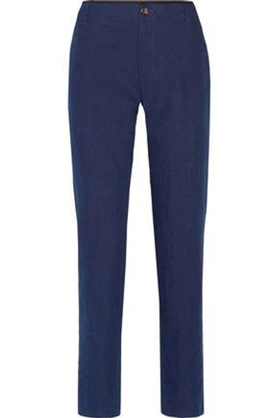 Shop Apc Woman Jockey Cotton And Linen-blend Straight-leg Pants Storm Blue