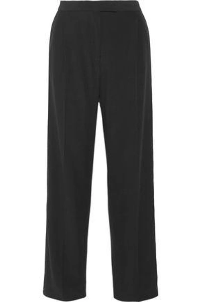 Shop Alexander Mcqueen Woman Cotton-blend Grosgrain-trimmed Crepe Wide-leg Pants Black