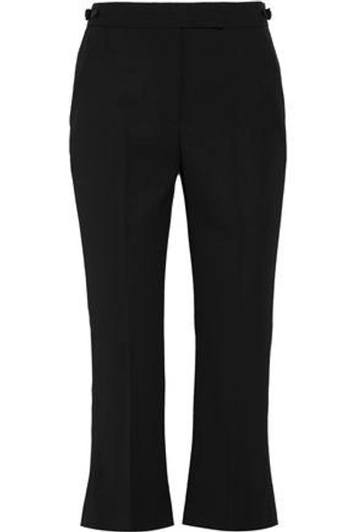 Shop Alexander Mcqueen Cropped Grosgrain-trimmed Wool-crepe Flared Pants In Black