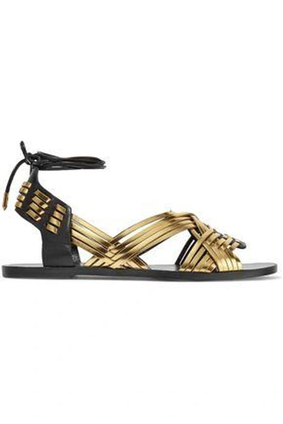 Shop Balmain Woman Matti Woven Leather And Suede Sandals Gold