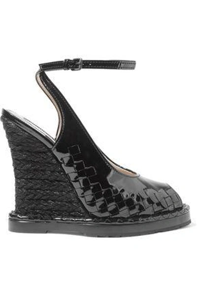 Shop Bottega Veneta Woman Intrecciato Patent-leather Espadrille Wedge Sandals Black