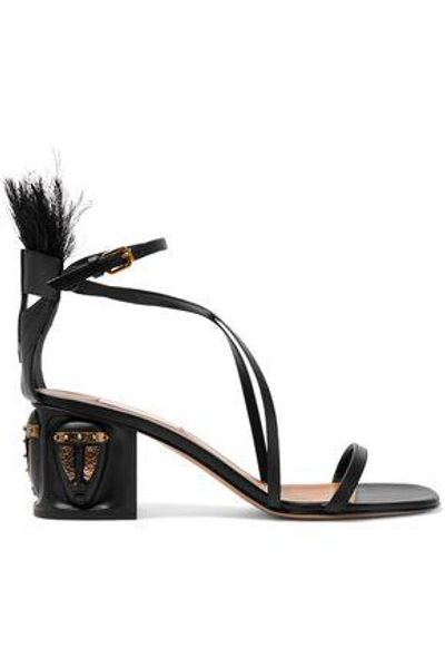 Shop Valentino Garavani Woman Feather-embellished Leather Sandals Black