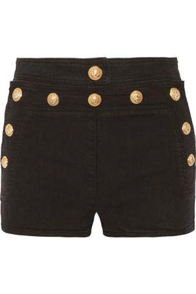 Shop Balmain Woman Button-detailed Stretch-denim Shorts Black