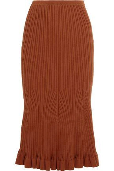 Shop Victoria Beckham Fluted Ribbed-knit Stretch-cotton Midi Skirt In Brown