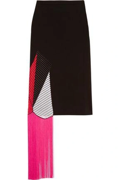 Shop Christopher Kane Woman Asymmetric Fringed Crochet-paneled Stretch-crepe Skirt Black
