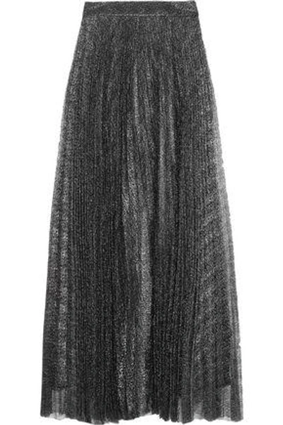 Shop Alice And Olivia Woman Katz Pleated Metallic Mesh Maxi Skirt Gunmetal