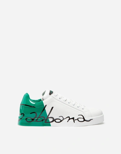Shop Dolce & Gabbana Portofino Sneakers In Leather And Patent In White/green