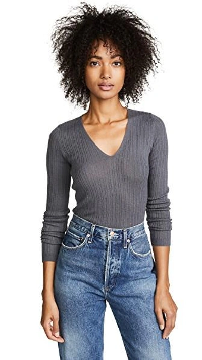 Shop Vince Mixed Rib V Neck Top In Shadow