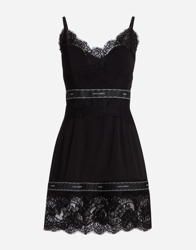 Shop Dolce & Gabbana Printed Silk Dress With Lace Details In Black