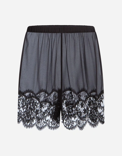 Shop Dolce & Gabbana Silk Lingerie Shorts With Lace Trim In Black